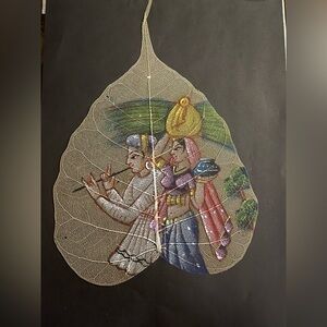 Hand-Painted Peepal Leaf Art with Traditional Figures